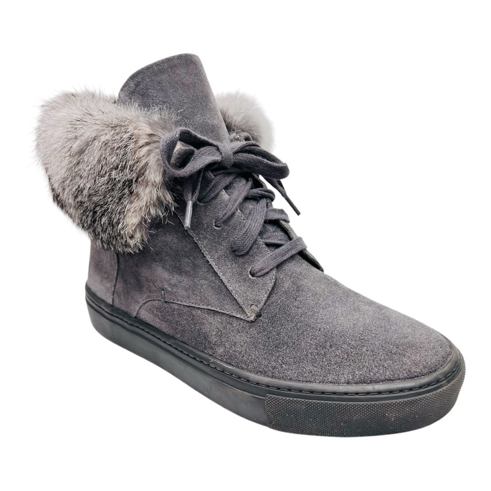 VINCE. Nyack Graphite Gray Suede Rabbit Fur-Cuff High Top Lace Up Sneaker